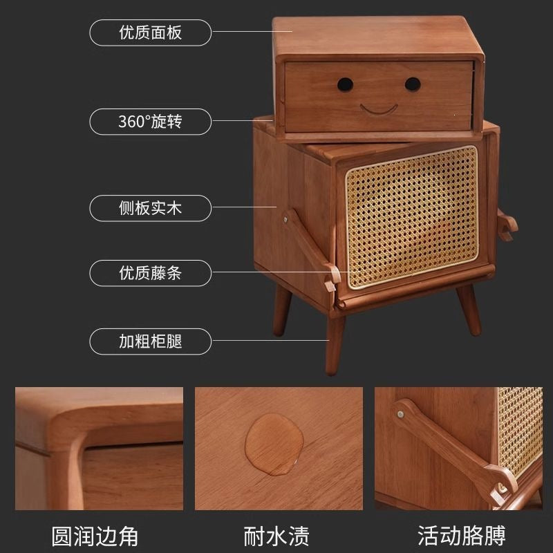 Nordic solid wood bedside table, kids' japanese-style rattan woven robot bedroom storage cabinet, mini simple drawer for small apartments