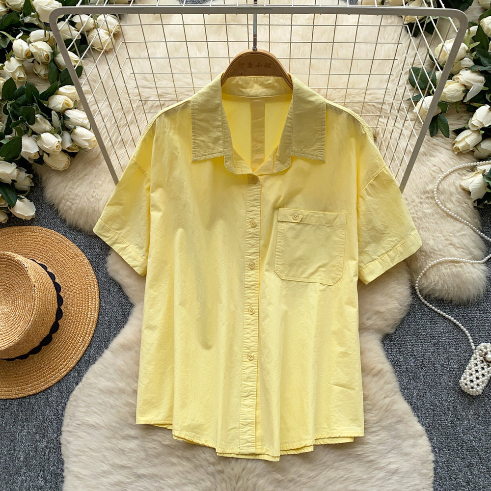 K-stylework clothing style yellow comfortable breathable short-sleeved shirt women's summer lapel looseeasiest for matchslimming looktops