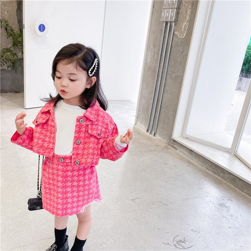 Baby girl spring/autumn preppy style long-sleeve casual outfit  girls' chanel-inspired denim jacket and mini skirt two-piece set