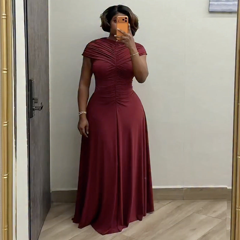 European and american cross-border african women's clothing  spring new arrival: elegant round neck pleated slim-fit long dress