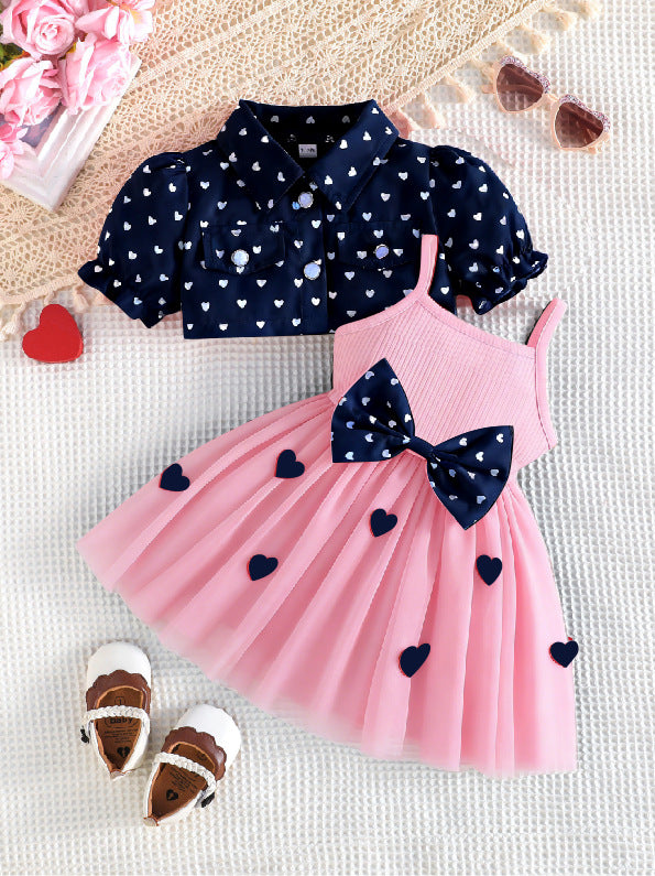 new european and american style girls' summer heart-shaped shawl suspender mesh dress embroidered heart set - two-piece dress set