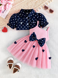 new european and american style girls' summer heart-shaped shawl suspender mesh dress embroidered heart set - two-piece dress set