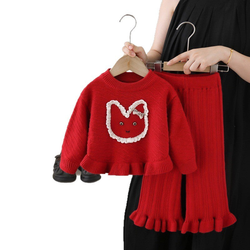 Girls' knit sweater and pants set - new autumn  collection: cute cartoon crewneck two-piece outfit for little girls