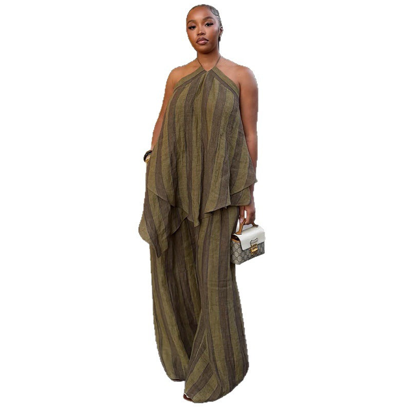 European and american cross-border women's fashion  summer new style chic halter neck sleeveless asymmetrical top wide leg pants set