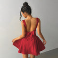 Waist-cinching a-line red dress, spring and summer new arrival square neck silm, big backless sexy short skirt, red little red dress