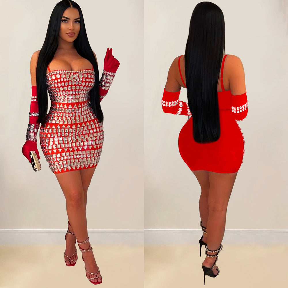 C6888 cross-border   fashion women's hotfix rhinestone sexy camisole gloves maxi dress