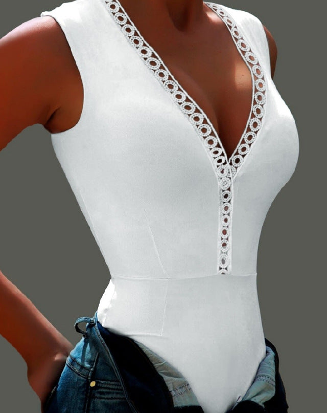 european and american export women's v-neck bodycon jumpsuit solid color sexy triangle cutout tank top pants