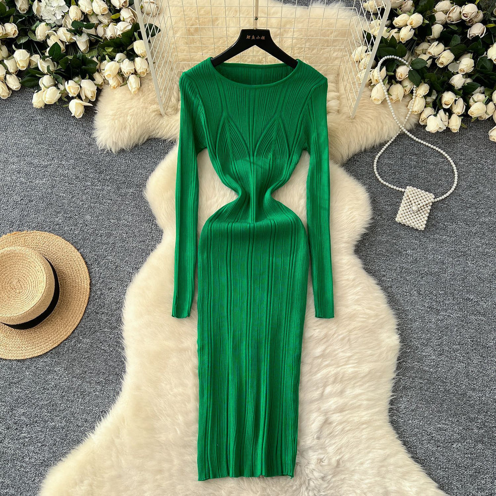 European and american style minimalist sexy ribbed bodycon knit dress - autumn solid color basic skirt - pencil skirt for women