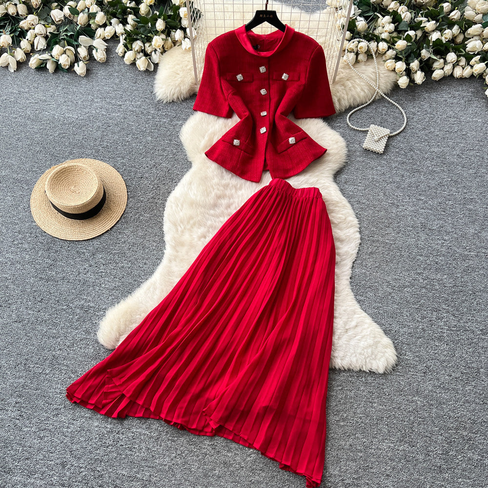 export tweed style short-sleeved stand-up collar topspleated skirttwo-piece setfemale spring and summerwork clothingeleganceelegantsuit