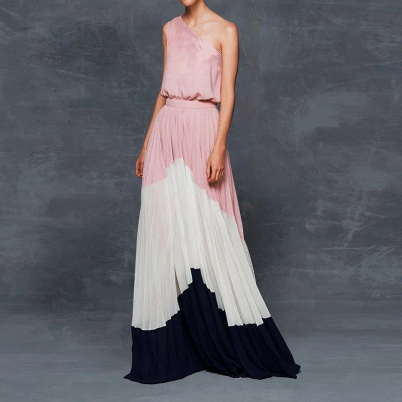 spring/summer new women's clothing  foreign trade style color block off-shoulder printed dress slim fit maxi dress