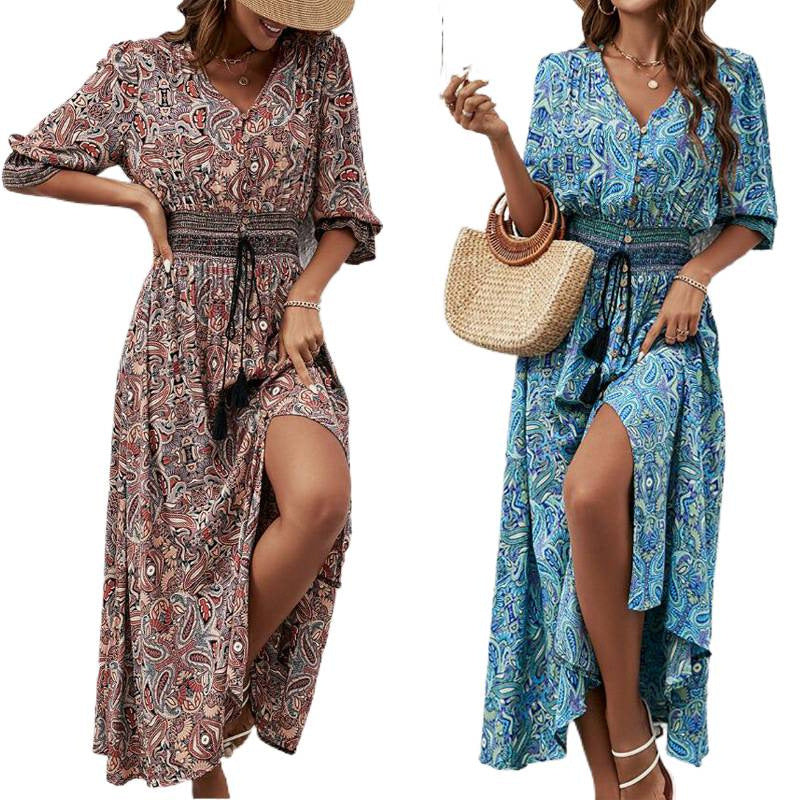 Real shot rayon fixed slotprinting three-quarter sleeve waist bohemiadress travel and vacation buttoned beach dress