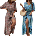 Real shot rayon fixed slotprinting three-quarter sleeve waist bohemiadress travel and vacation buttoned beach dress