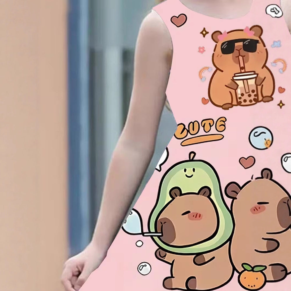 Trendy animal cute capybara print sleeveless summer dress - 100% polyester, machine washable