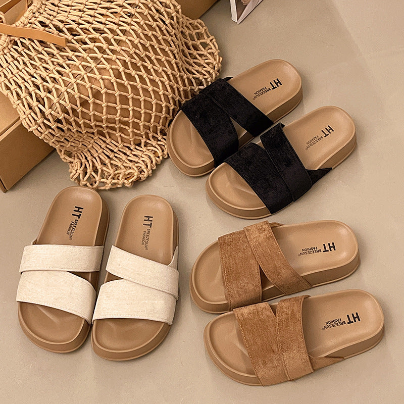 Thick sole birkenstock slippers women's summer casual lazy cross suede beach vacation style easiest for match beach flip flops