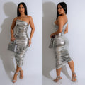 C6738 cross-border   fashion women's solid color sexy camisole slant neck ruched dress