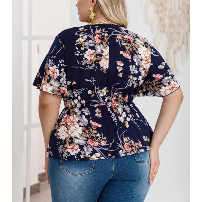 plus size cross-border new arrival  women's original elegant v-neck printed blouse