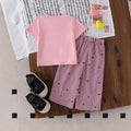 Baby girl heart print short sleeve two-piece set: solid color heart tee & vertical stripe heart wide-leg pants - casual summer outfit