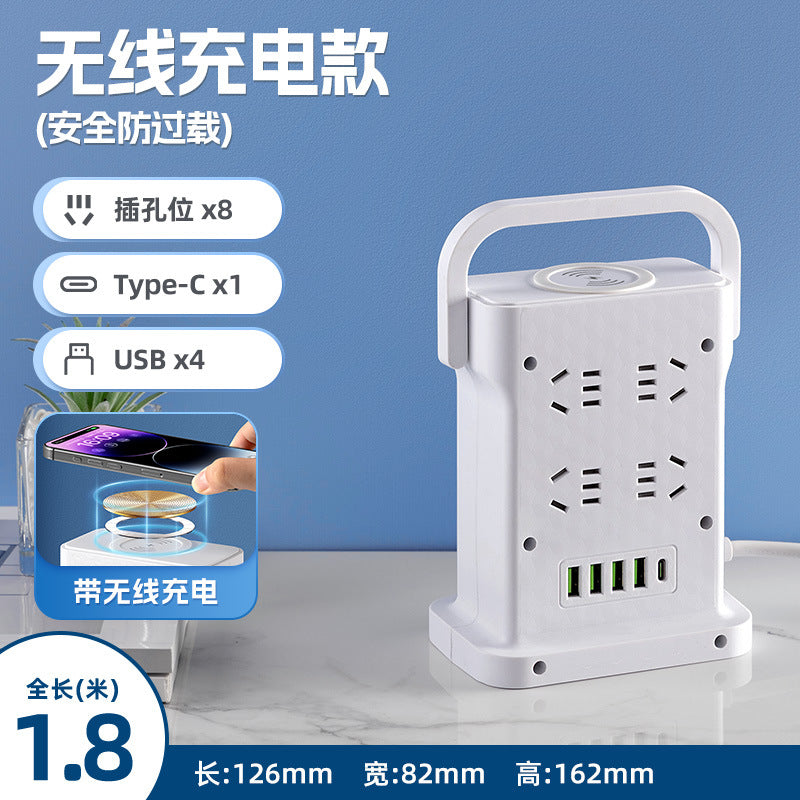 Wireless charging power strip, smart usb fast charging, multi-outlet, multi-function, thickened copper wire, power strip for home, office, and dorm