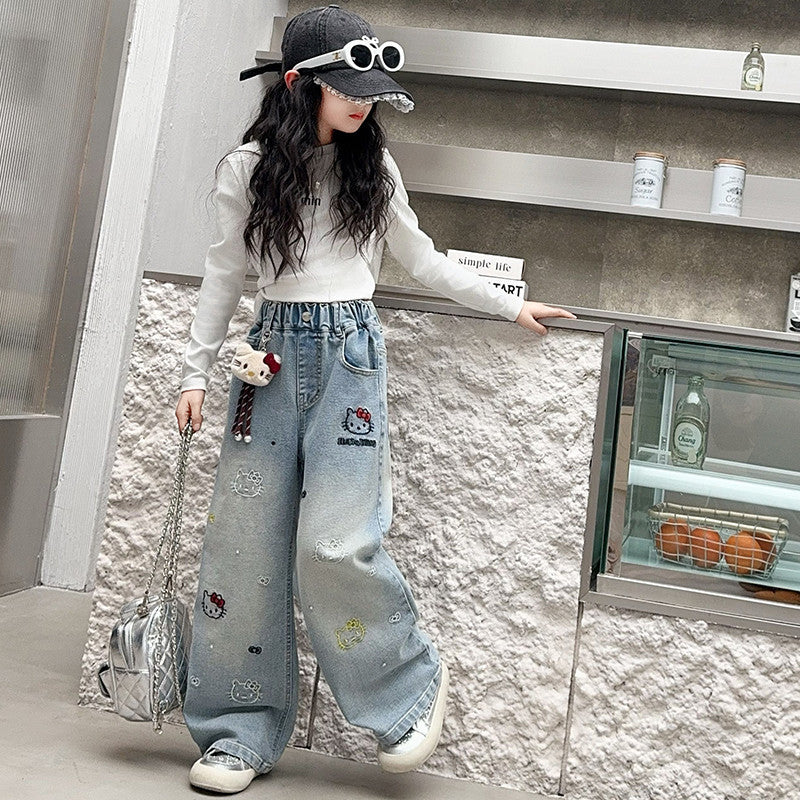Girls' hello kitty denim jeans, spring/summer  new collection, mid-to-large size, wide-leg pants for girls aged 8-9