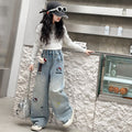 Girls' hello kitty denim jeans, spring/summer  new collection, mid-to-large size, wide-leg pants for girls aged 8-9