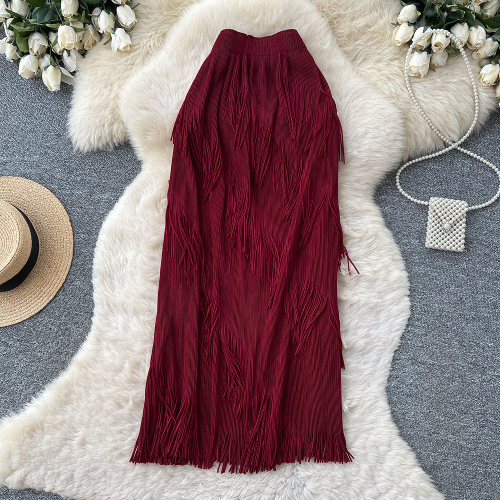 Korean style tassel trim a-line midi skirt - women's 2026 summer high-waisted commute chic tassel skirt