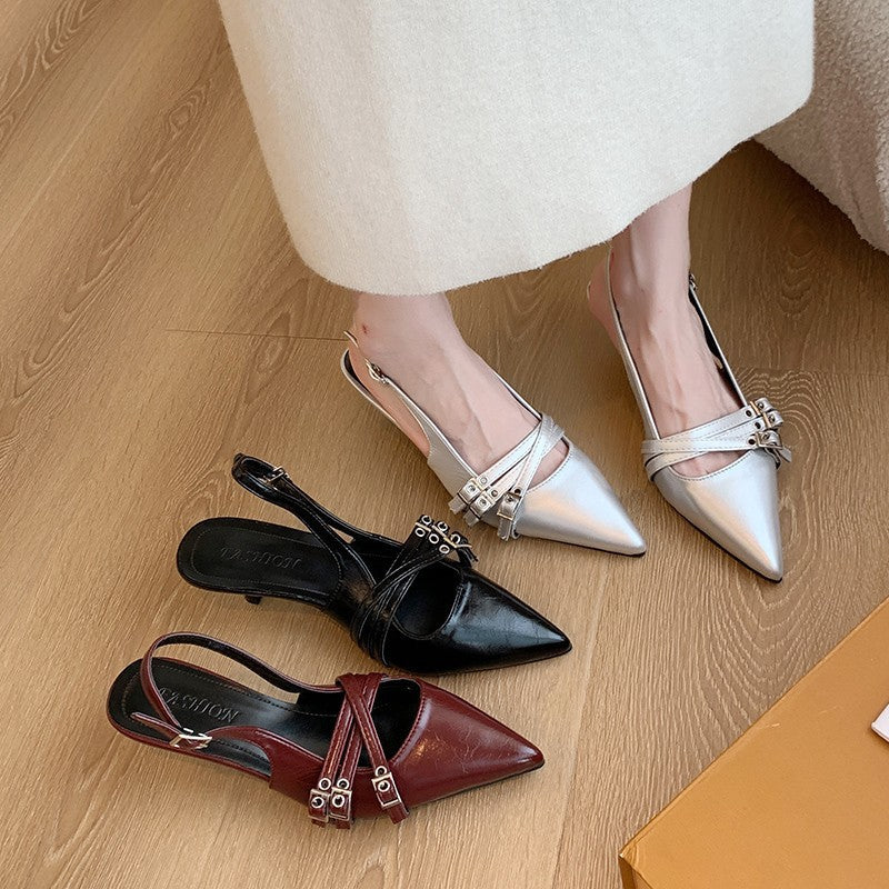 Niche style high heels red toe cap sandals fairy shoes 2025new arrival spring summer black french pointed toe flats