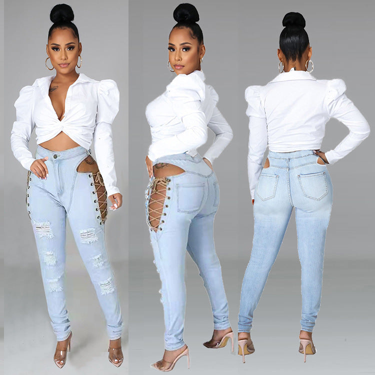 European and american export jeans -  women's fashion hot girl sexy side eyelet tie-up distressed stretch jeans
