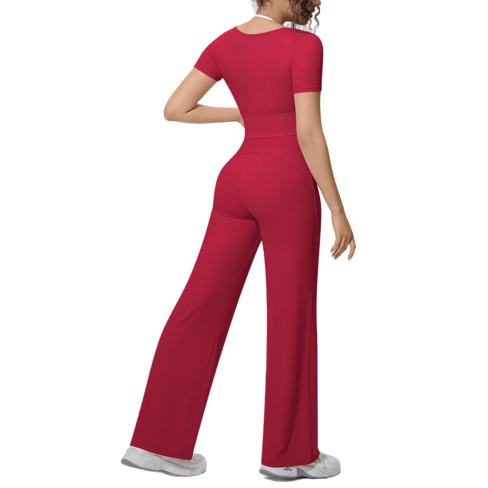 Fake two-piece sports short-sleeved yoga suit with chest pad, drawstring wide-leg straight-leg pants, quick-drying running fitness suit