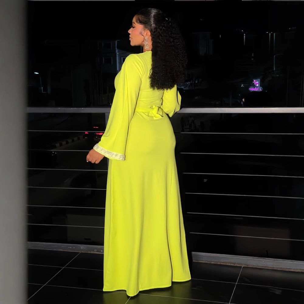 European and american cross-border women's fashion  winter new arrival: solid color long sleeve v-neck button-down waist-cinching front slit elegant dress