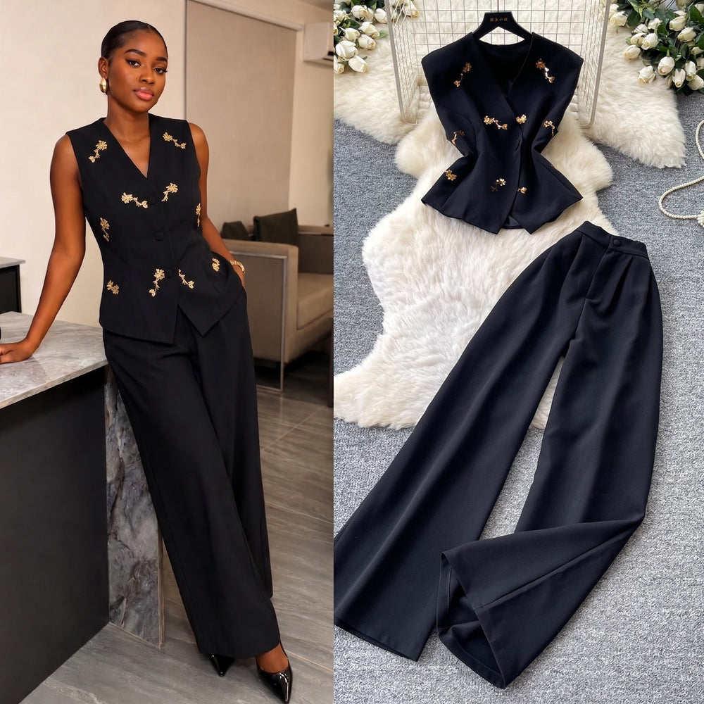 Light mature style vest high waist casualloose pants two-piece set women's summerclassy sense silmslimming look skirt suit