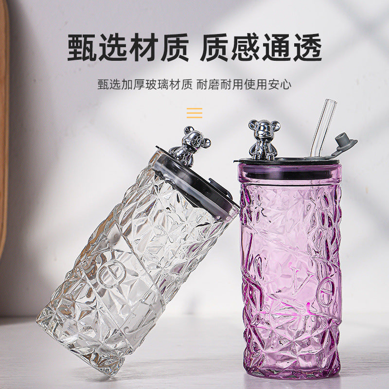 Diamond bear straw cup glass with lid - trendy, high-value gift cup - personalized small gift cup