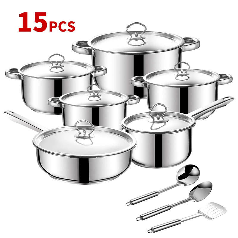 Wholesale cross-border stainless steel pot set thickened double bottom milk pot frying pan soup pot fifteen-piece set foreign trade gift