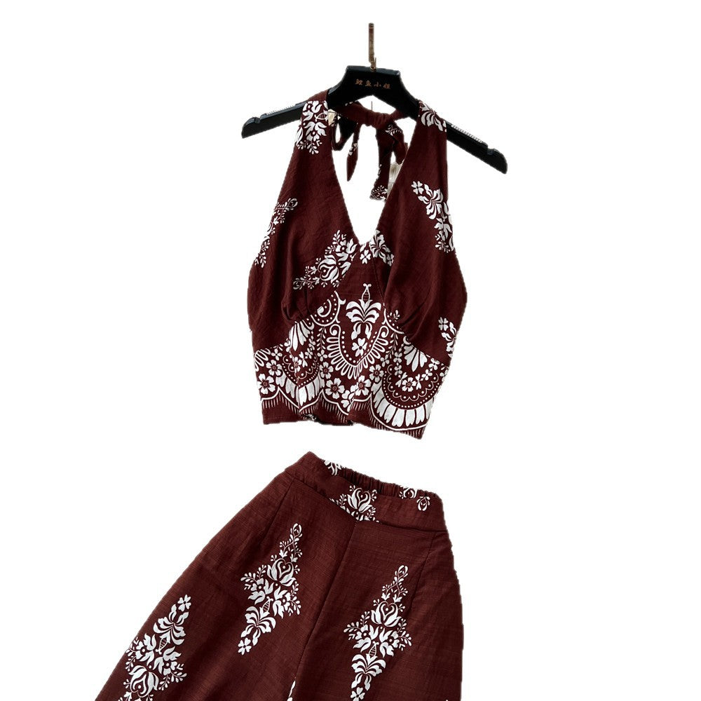 Vacation-style printed halter sleeveless dress women's summer lazy high-waisted wide-leg pants two-piece set - premium feel
