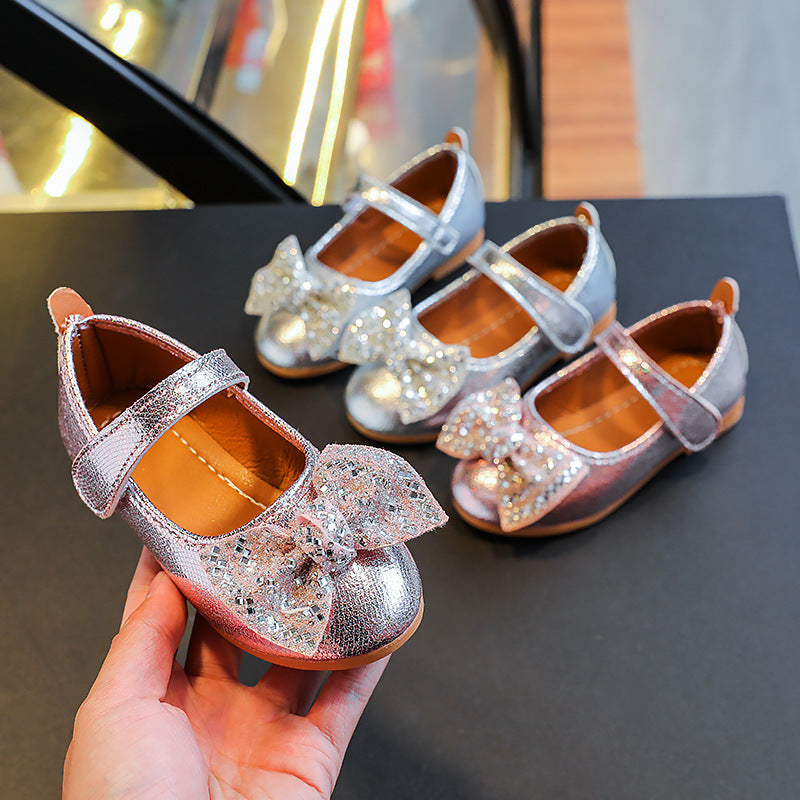 Girls'  spring bowknot soft-soled princess leather shoes - velcro closure, korean style for little princesses (sizes for mid-to-large children)