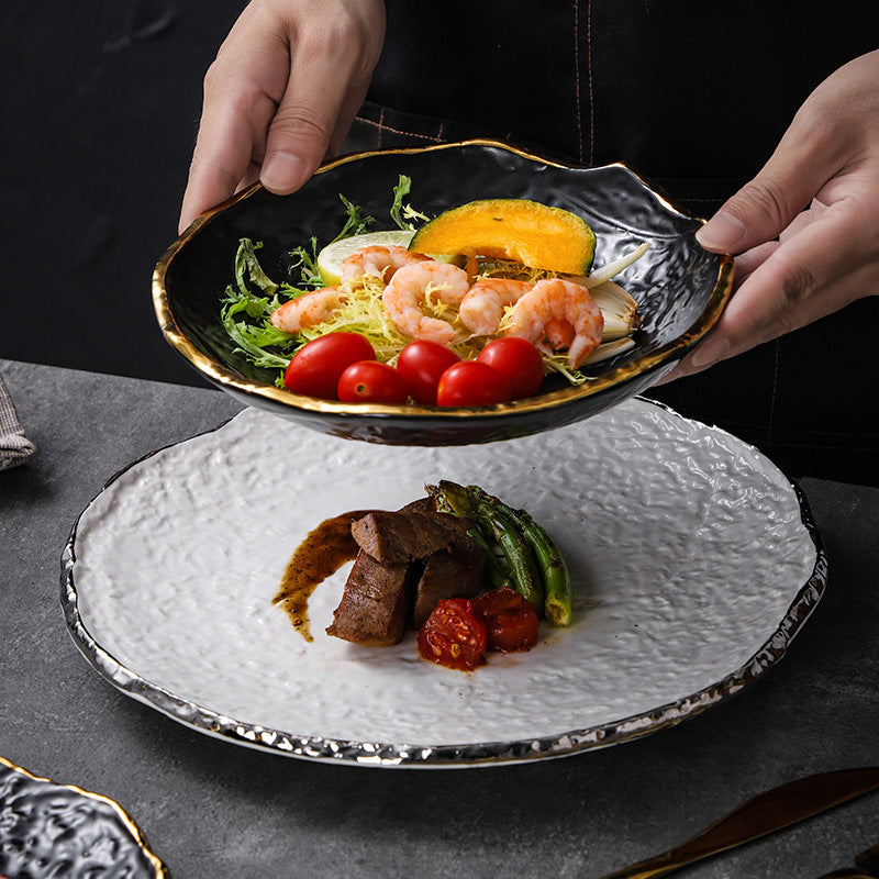 Luxury retro-style irregular ceramic dinnerware set with embossed gold trim – perfect for home, restaurant, and hotel table settings