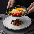 Luxury retro-style irregular ceramic dinnerware set with embossed gold trim – perfect for home, restaurant, and hotel table settings