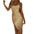 spring/summer new arrivals: european and american style women's gold halter neck slit sequin dress - sexy party evening gown