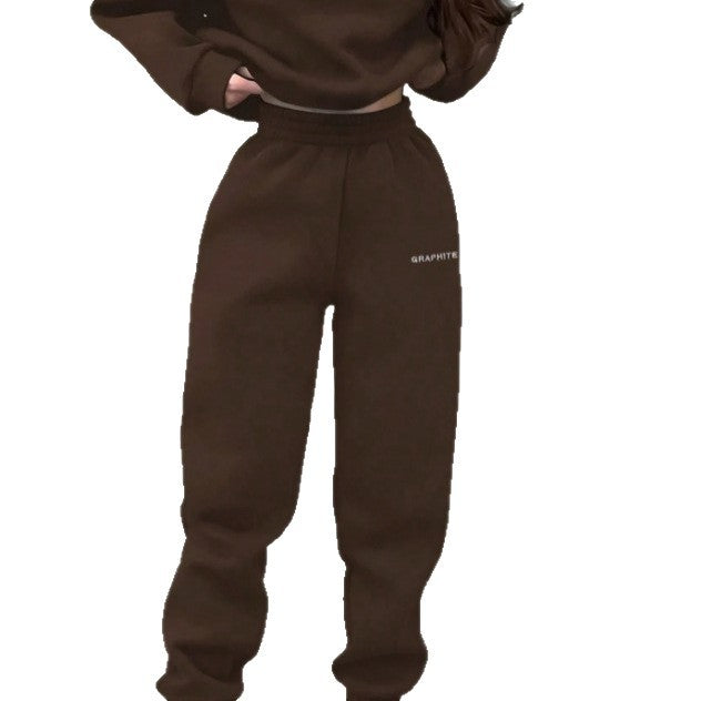 026  fashion cross-border retro brown sports suit small letter embroider short sweatshirt jogger pants