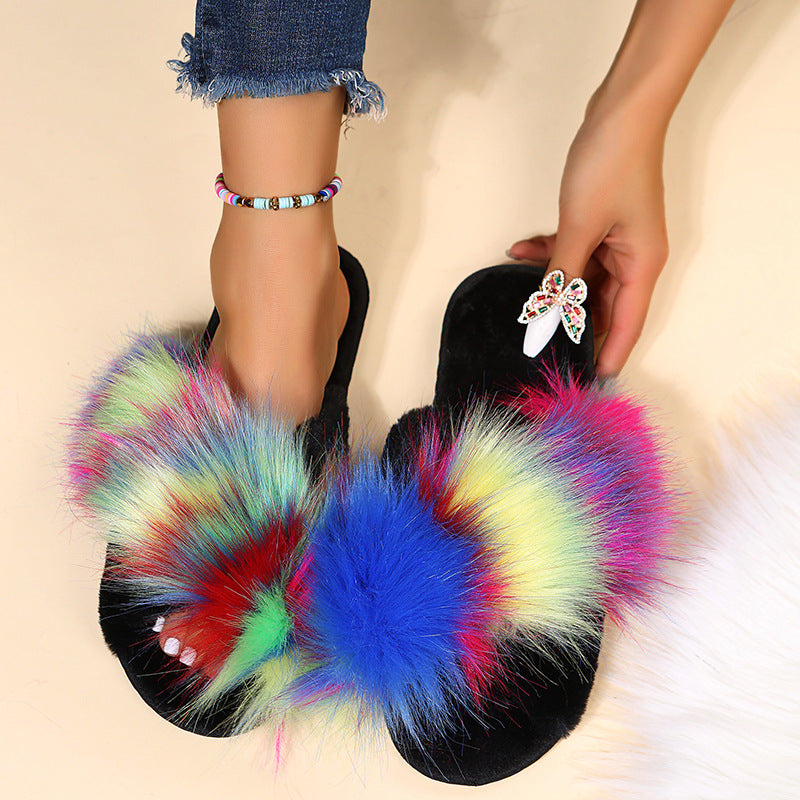 2024 new women's fuzzy clog slippers - cross-strap, flat, long-haired, warm, color-blocked, one-strap plush slippers for autumn/winter export