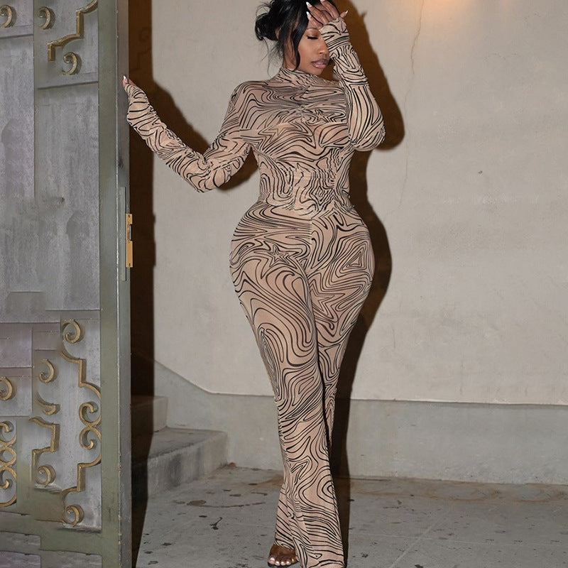 European and American  2024 autumn new women's clothing fashion personalized printing mesh semi-turtleneck long-sleeved slim pants set