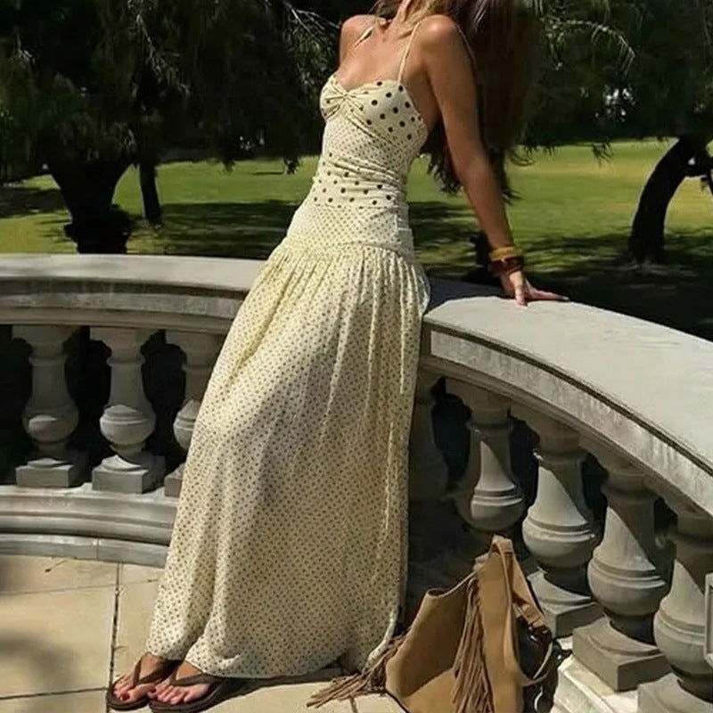summer new women's fashion: cross-border european and american sexy halter polka dot ruched waist maxi dress