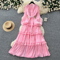 French sweet style pink lantern sleeve dress - women's spring/autumn cinched waist ruffle trim elegant cake dress - slimming