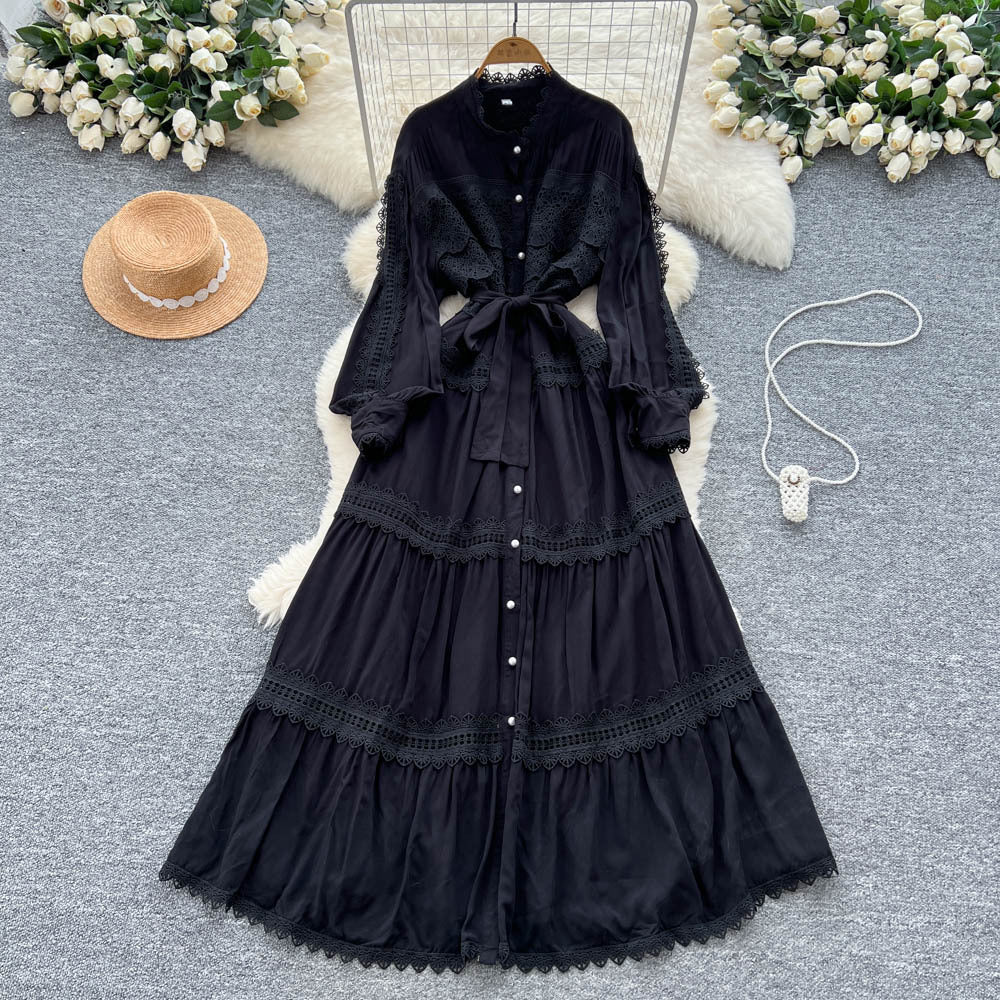 Vintage court style lantern sleeve dress - women's summer hollow-out crochet single-breasted elegant mature lady long dress