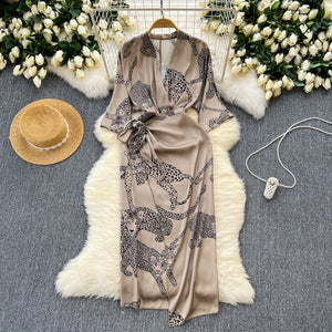 Commuting women's dress  summernew arrival royal sister outfit light mature style tie back waist satinprinting skirt