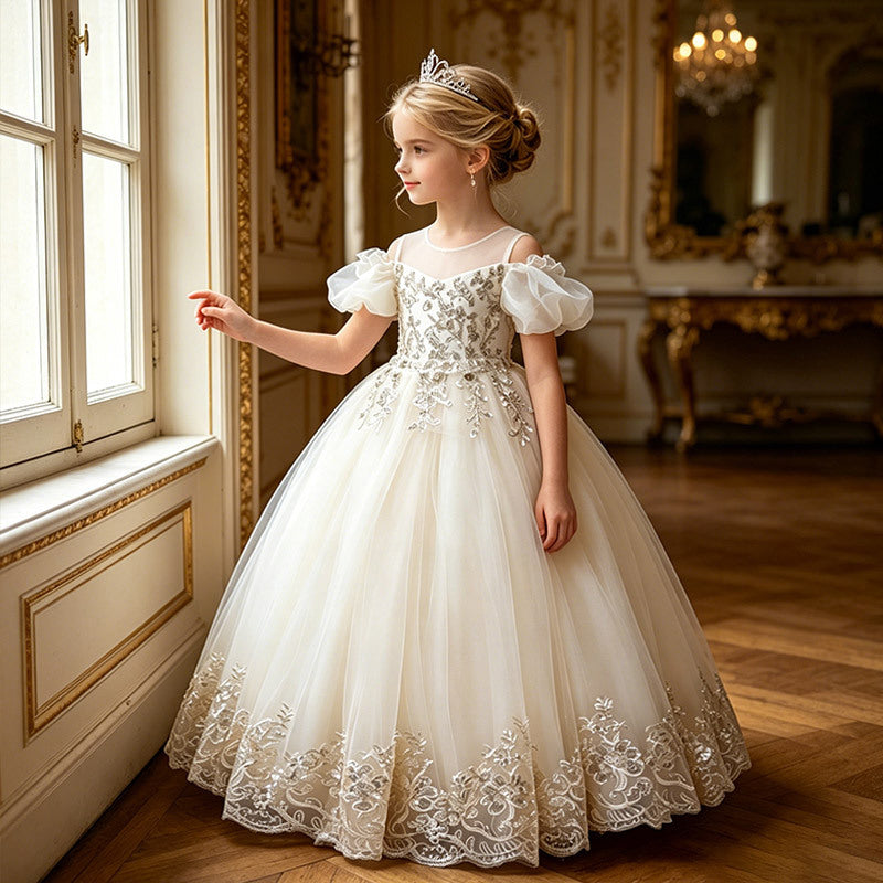 fashion style girl dress off-shoulder accessible luxuryretro palace flower girl wedding dress catwalk kids princess dress in stock