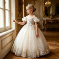 fashion style girl dress off-shoulder accessible luxuryretro palace flower girl wedding dress catwalk kids princess dress in stock
