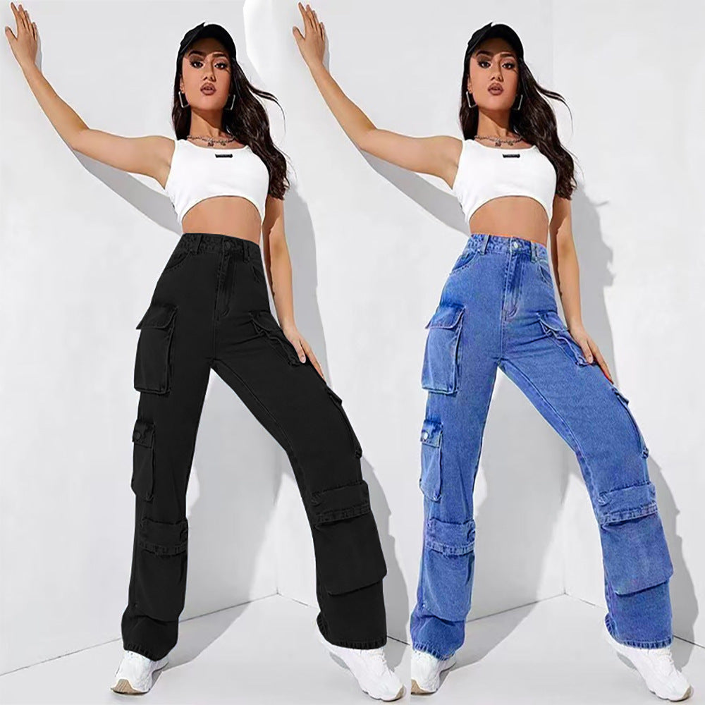 European and american clothing:  fashion hot-selling trendy multi-pocket cargo pants, high-stretch african plus-size jeans