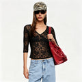 European and american style cross-border women's clothing  summer new v-neck waist-cinching lace sexy short-sleeve patchwork t-shirt top wholesale