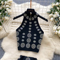 Xiaoxiangfengclassy heavy industry hot diamond halter sleeveless vest women's high waistslimming looka-line skirtsummersuit