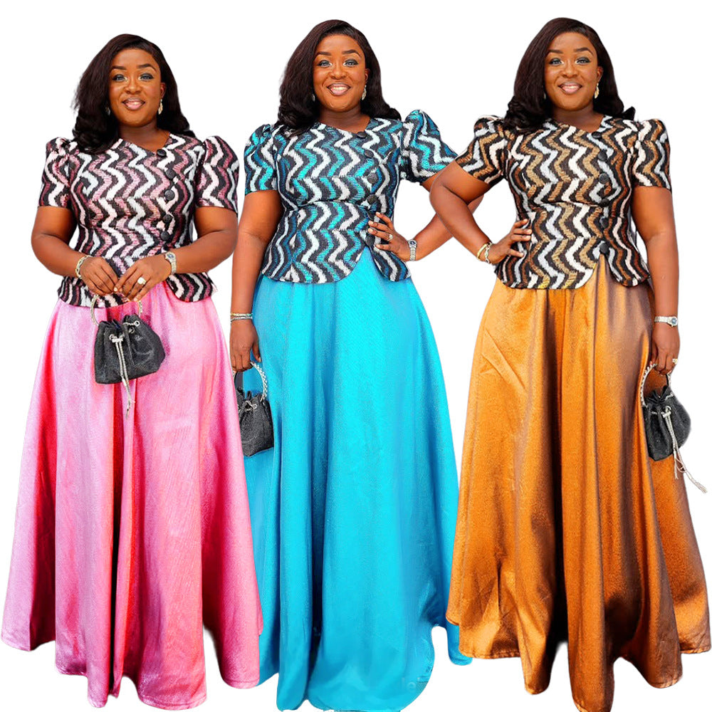 Aliexpress cross-border plus size midi skirt + t-shirt dress african women's crystal satin print two-piece skirt set